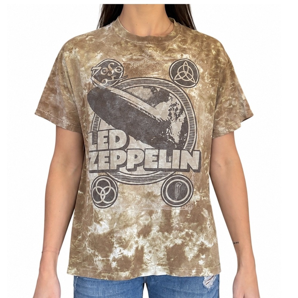 Led Zeppelin Graphic Tee Brown Tie Dye Acid Wash Rock Band T-Shirt
